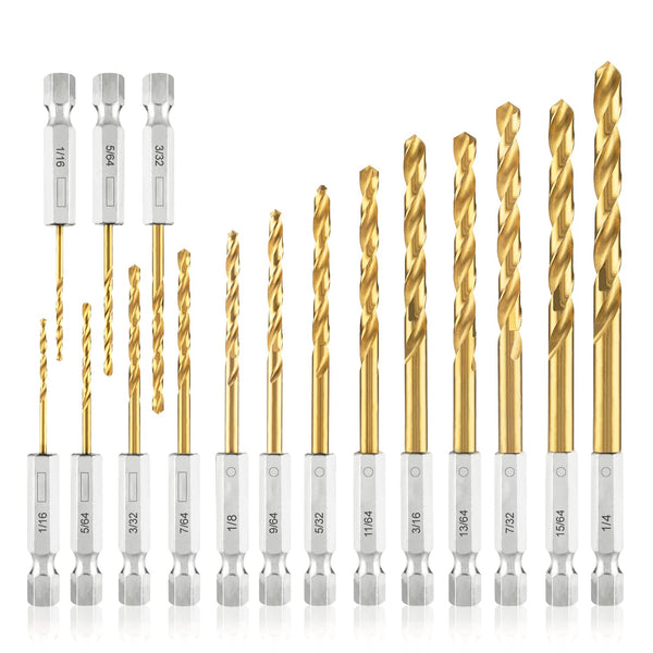 amoolo Hex Shank Drill Bit Set (13Pcs Set+3 Pcs Free), Premium 4341 HSS Titanium Impact Hex Drill Bits for Wood, Steel, Metal, Plastic, Quick