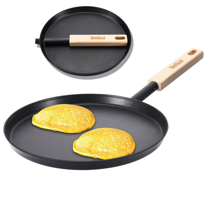 bodkar 8-inch Frying Pan Skillet Flat Crepe Pan, Lightweight Grill Pan with Wooden Handle for Camping Indoor Outdoor Cooking | Lightweight Grill