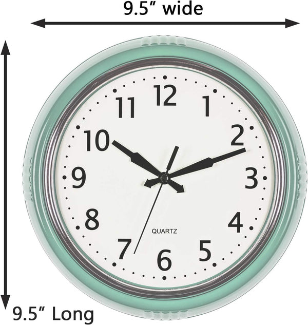 Bernhard Products Retro Wall Clock 9.5 Inch Green Kitchen 50's Vintage Design Round Silent Non Ticking Battery Operated Quality Quartz Clock