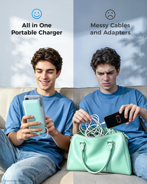 VEGER Portable Charger for Iphone with Built in Cables and Wall Plug, 10000Mah Slim Fast Charging USB C Power Bank, Travel Essential Battery Pack