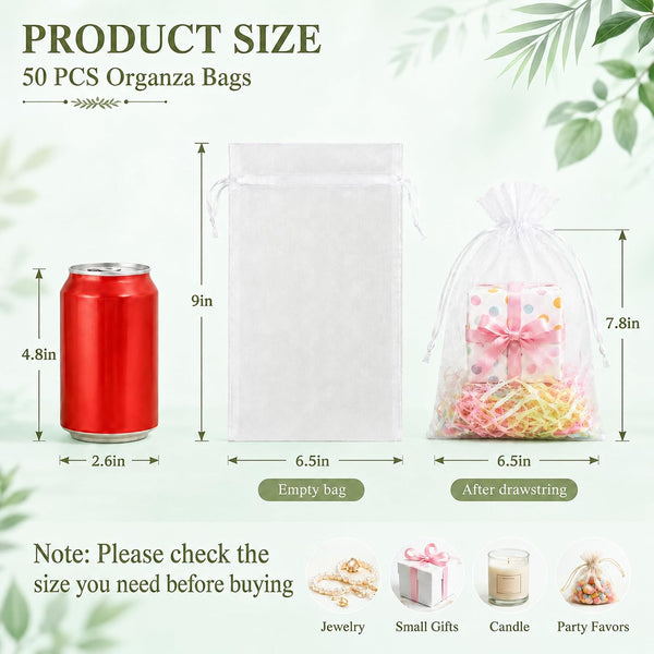 YunKo 50Pcs White Organza Bags 6X9 Inch Drawstring Mesh Party Favor Bag | 50pcs White 6x9inch Organza Bags, Drawstring Mesh Bags, Great for Gifts,
