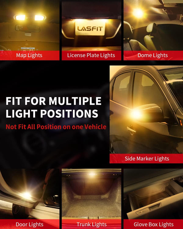 LASFIT 194 168 T10 2825 W5W LED Bulb Canbus Error Free, Non-Polarity 400LM Extremely Bright for Side Marker Map Doors, 12-24V, Amber Yellow, Pack