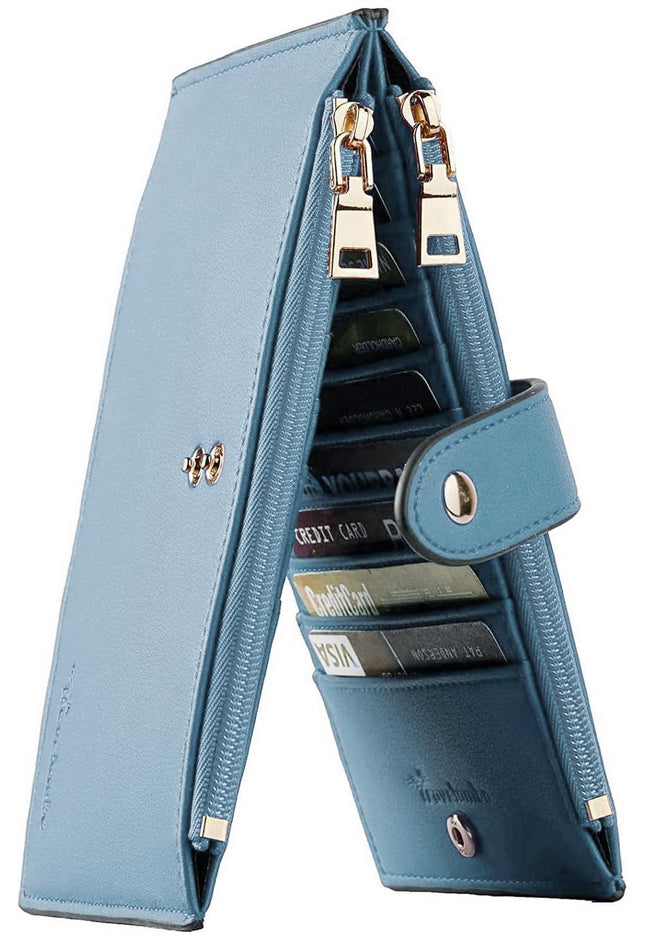 Travelambo Womens Leather Bifold Wallet, Slim RFID Blocking Card Holder Blue
