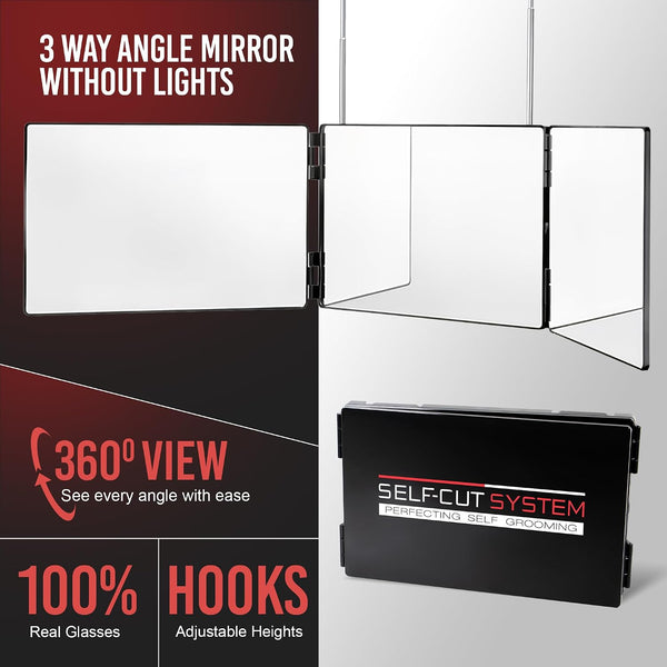 Self-Cut System 3-Way Mirror for Self Hair Cutting - Portable Trifold Mirror with Retractable Hooks, Impact-Resistant Glass, Fold Flat Design,