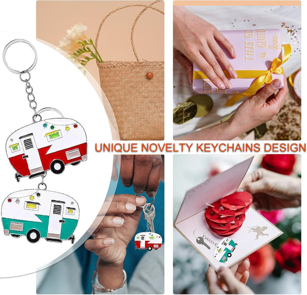 2 Pack Camper Keychain Set Happy RV Camper Keyring Couples Camping Accessories for Men Women Travel Trailers Red+green