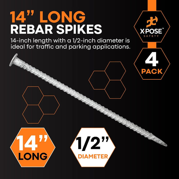 Rebar Stakes - 14 Inch Metal Spikes for Asphalt 1/2 Inch Diameter - 4 Pack Ground Stakes Heavy Duty for Speed Bump, Wheel Stop - Threaded