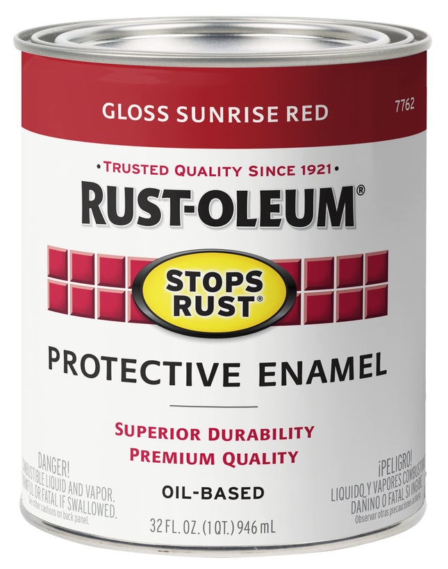 Rust-Oleum 7762502 Stops Rust Brush on Paint, Quart, Gloss Sunrise Red, 1 Quarts