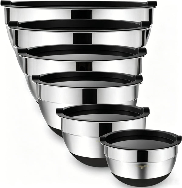 Umite Chef Mixing Bowls with Airtight Lids，6 piece Stainless Steel Metal Nesting Storage Bowls, Non-Slip Bottoms Size 7, 3.5, 2.5, 2.0,1.5, 1QT,