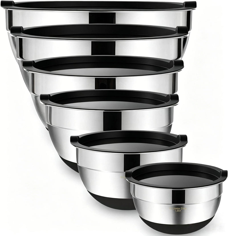 Umite Chef Mixing Bowls with Airtight Lids，6 piece Stainless Steel Metal Nesting Storage Bowls, Non-Slip Bottoms Size 7, 3.5, 2.5, 2.0,1.5, 1QT,
