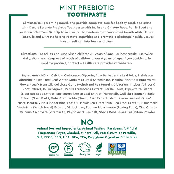 Desert Essence Prebiotic Plant-Based Whitening Toothpaste - Mint - Oral Care with Inulin, Perilla Seed & Aloe - Vegan, Fluoride Free, Non-Gmo,
