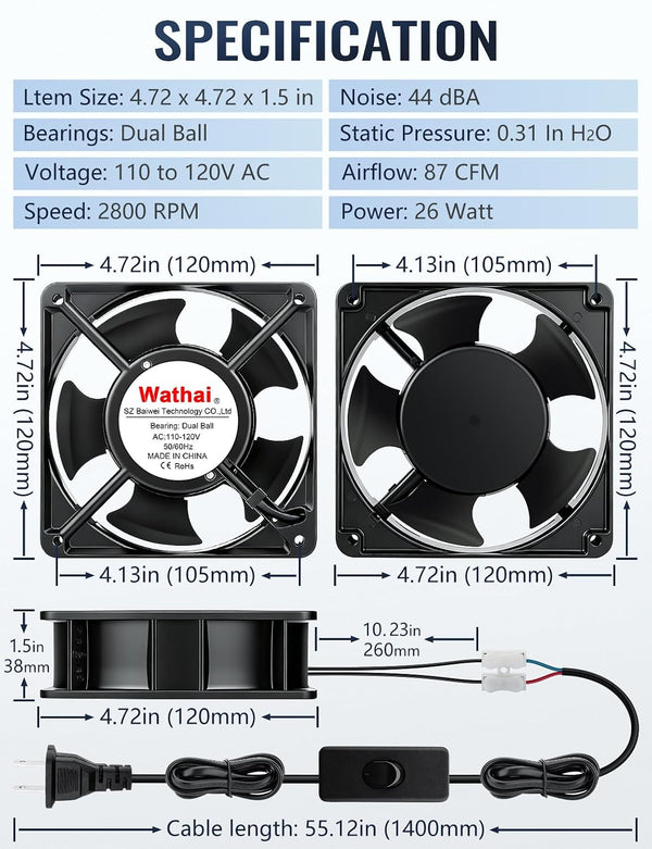 Wathai 12038 120mm x 38mm AC Axial Muffin Cooling Fan 110V 120V Dual Ball | High CFM Heavy-Duty Fan with AC Plug for DIY Cooling AC 120x120x38mm