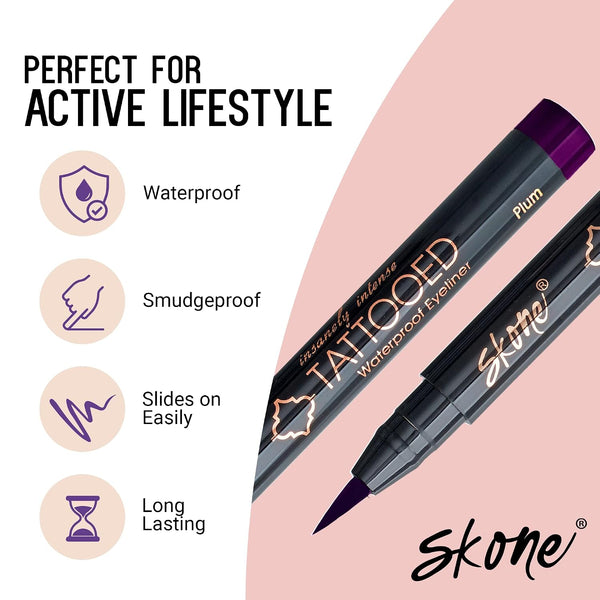 Skone Tattooed Liquid Eyeliner Pen, Waterproof Felt Tip, Plum Black