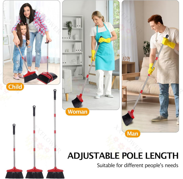Broom and Dustpan Set with Long Handle, Light Weight Stainless Steel Poles Stand Upright Dustpans with Broom Combo for Home Kitchen Office Pet Dog