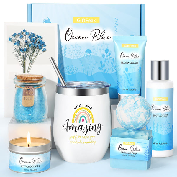 Birthday Gifts for Women, Ocean Scented Relaxing Spa Gift Baskets for Women Mom Her Wife Sister Friends Coworker Employee, Self Care Bath and Body