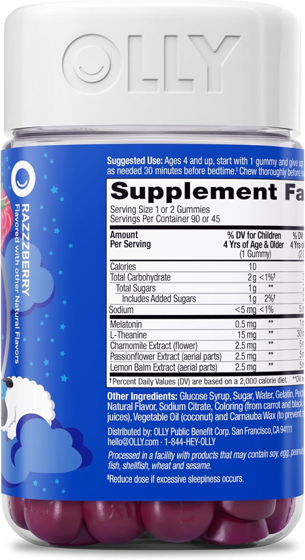 OLLY Kids Sleep Gummy, Occasional Sleep Support, 0.5Mg Melatonin, L Theanine, Chamomile, and Lemon Balm Extracts, Childrens Chewable Supplement,