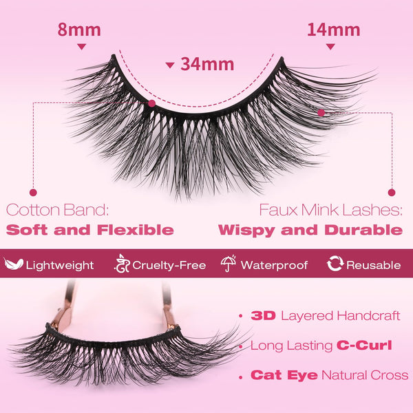 False Eyelashes 14mm Faux 3D Mink Lashes Natural Look Cat Eye Wispy Lashes Pack by Kiromiro, 14 Pairs Cat Eye A01