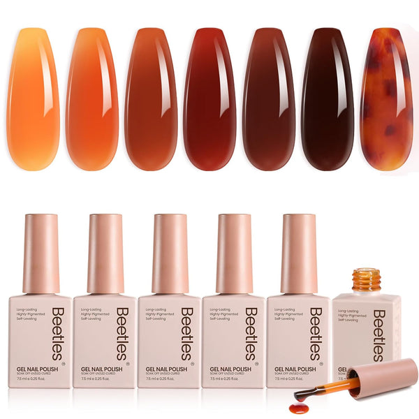 Beetles Jelly Tortoise Fall Nail Gel Polish Set 6 Transparent Fall Colors | Brown Amber Orange Carame Dark Red Pumpkin Gel Nail Polish Soak Off UV