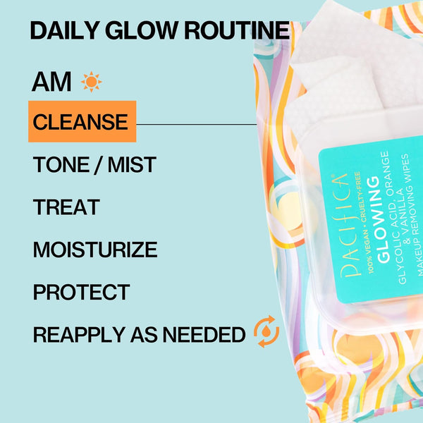 Pacifica Beauty | Glowing Makeup Remover Wipes | Gycolic Acid, Coconut Water, Aloe Infused | Daily Cleansing + Exfoliating | Clean Skin Care |
