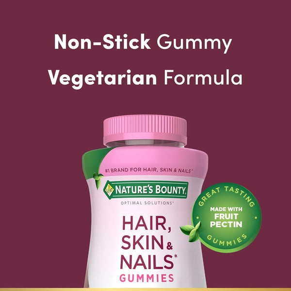 Nature'S Bounty Optimal Solutions Hair, Skin and Nails Pectin Gummies, 2500 Mcg Biotin per Serving, No Stick Gummy, Vegetarian Formula, Strawberry