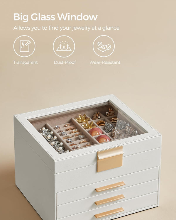 SONGMICS GISELLA Collection - Jewelry Box Organizer with Glass Lid, 4-Layer Jewelry Storage, with 3 Drawers, Modern Style, 8 x 9.1 x 6.5 Inches,
