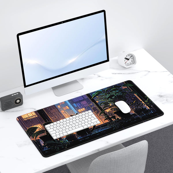 Desk Pad, Large Gaming Mouse Pad, 32" x 16", City Cat | XXXL Extended Waterproof Desk Mat, Non-Slip Rubber Base, Stitched Edges, Desktop Decor for