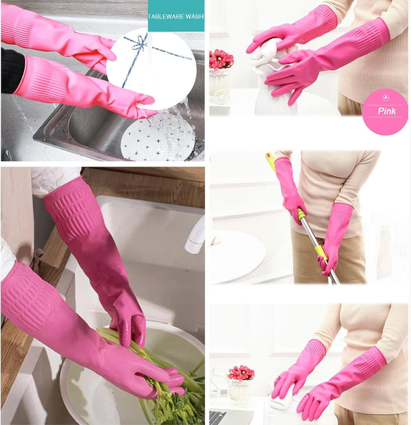 Bamllum 3 Pairs of Rubber Dishwashing Gloves for Kitchen and Household Cleaning Ã¢ÂÂ Long Cuff 15", Reusable, Flexible Long-Lasting and Non-Slip