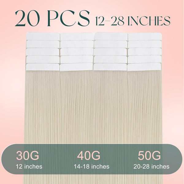 Easyouth Blonde Tape in Hair Extensions Human Hair White Blonde Human Hair Extensions Tape in 20pcs 14 Inch Softness Hair Extension Tapes in for