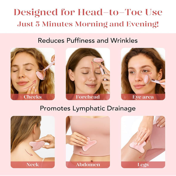 BAIMEI IcyMe Rose Quartz Roller & Gua Sha Facial Tool Set for Depuffing | Cooling Face Roller for Lymphatic Massage,Sculpting Tool for Face, Eyes