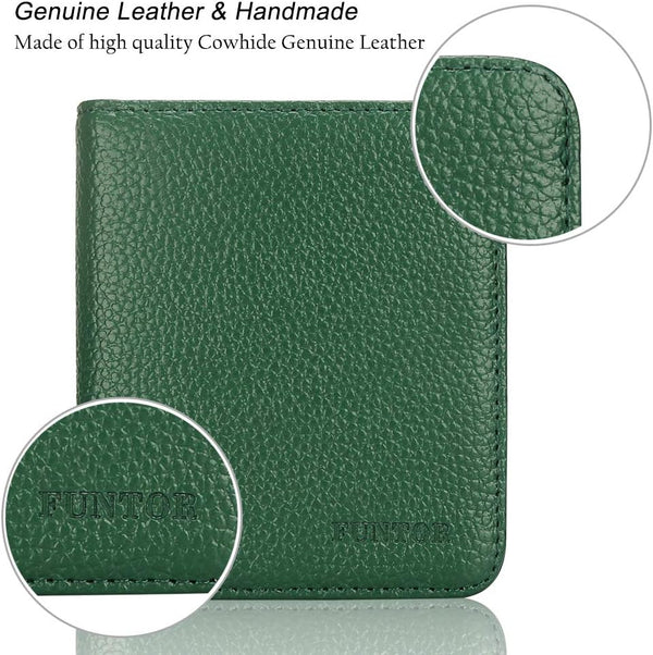 FUNTOR Small Wallets for Women, Ladies Small Compact Bifold Pocket RFID Blocking Genuine Leather Wallet for Women A:F Natural leather-Dark Green