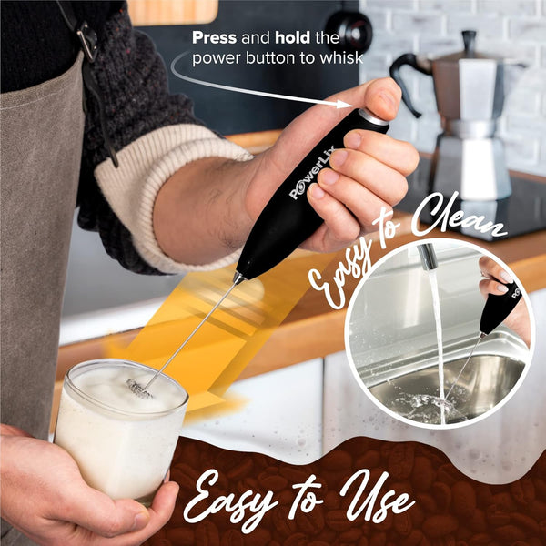 Powerlix Powerful Handheld Milk Frother with Stand Battery Operated Foam Maker Frother Wand for Coffee (A Black) (No Stand Matte Black)