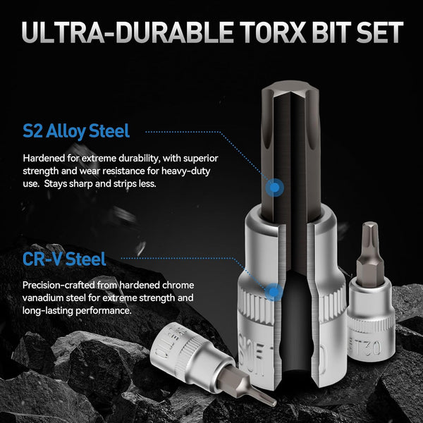 34-Piece 3/8'' Drive Torx Star Bit sockets CR-V E-Socket Set, E4-20, T10-60, Tamper Proof Set TT10-TT55, 5/16"F to 3/8"M adapter with Storage