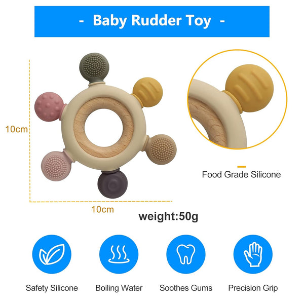 Baby Teething Toys Silicone Teethers BPA Free Silicone Rudder with Wooden Ring Soothe Babies Gums (Khaki)