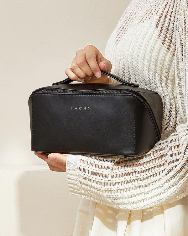 EACHY Travel Makeup Bag, Large Capacity Cosmetic Bag for Women, Waterproof PU Leather, Flat Open Portable Toiletry Bag for Skincare, Brushes &