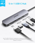 Anker USB C Hub 5-in-1 USB Hub for Laptops, 4K HDMI USB-C Multiport Adapter | 90W Max Power Delivery, 3 USB A Data Ports USB C Dongle, Compact for