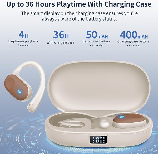 Open Ear Headphones, Bluetooth Headphones 5.3 Sports with Smart Digital Display, 36H Playtime, IP54 Waterproof, Wireless Earbuds Lightweight