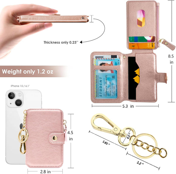 Keychain wallet, Rfid Blocking Credit Card Holder Leather, Zipper Card Case for Women Pink