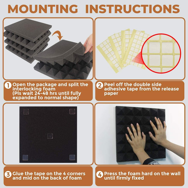 24 Pack Black 12 x 12 x 2 Inches Pyramid Designed Acoustic Foam Panels, Sound Proof Foam Panels for Walls, High Density and Flame-Retardant