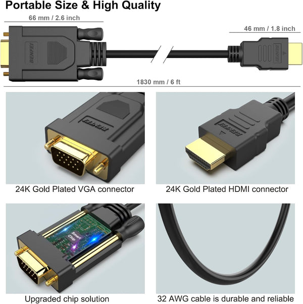 BENFEI HDMI to VGA 6 Feet Cable, Uni-Directional HDMI Computer to VGA Monitor Cable (Male to Male) Compatible for Computer, Desktop, Laptop, PC,