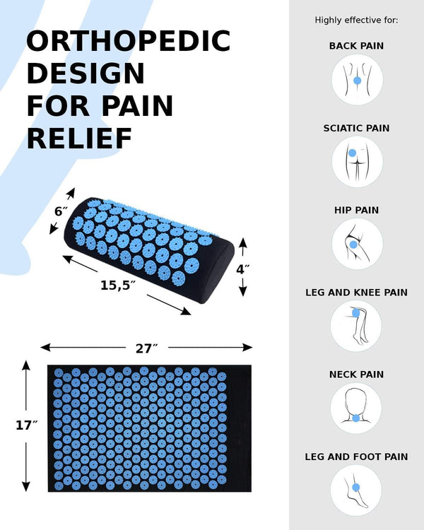 Acupressure Mat and Pillow Set for Lower Back Pain Relief & Muscle Relaxation - Acupuncture Mattress + Spiky Ball Massage Set for Back, Neck &