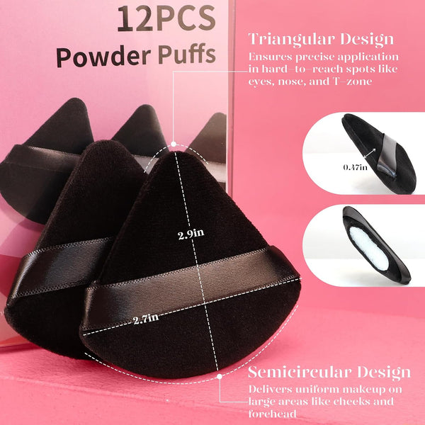 BEAKEY Powder Puff, 12pcs Face Triangle Powder Puffs for Loose & Foundation | Black Velvet Makeup Puff for Contouring & Baking, Ultra-soft Cloud