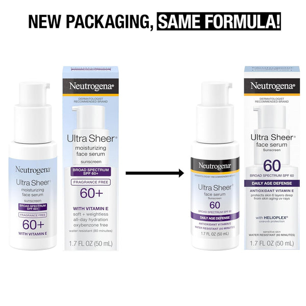Neutrogena Ultra Sheer Moisturizing Face Serum with Vitamin E & SPF 60, All Day Facial Sunscreen Serum with Broad Spectrum UVA/UVB Protection,