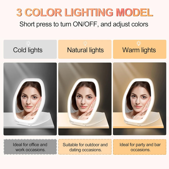 Travel Makeup Mirror with Light: 3 Color Lighting Portable Mirror with Touch Scr