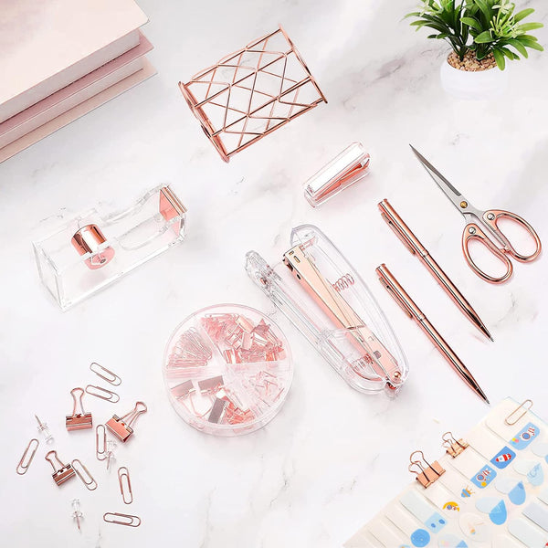 Famassi Rose Gold Desk Accessories，Office Supplies Set Acrylic Stapler Set Staple Remover, Tape Holder, 2 Ballpoint Pen, Scissor, Binder/Paper