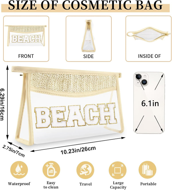 Small Boho Straw Clear Beach Makeup Bags for Women&Girls, Zipper Cosmetic Bag Chenille Varsity Letter Patch Bag, Preppy Cute Toiletry Pouch,