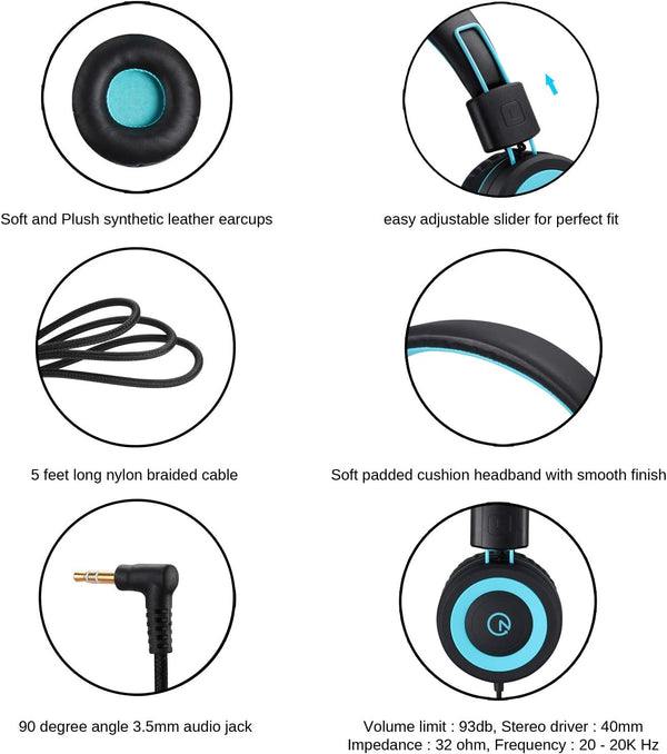 noot products K11 Kids Headphones Wired 3.5mm Jack Stereo Tangle-Free Black