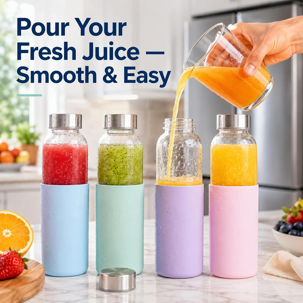 Luxfuel 18 oz Glass Water Bottles with Lids and Silicone Sleeve 6 Pack | Leak Proof Stainless Steel Lids, BPA Free, Reusable Glass Bottles for