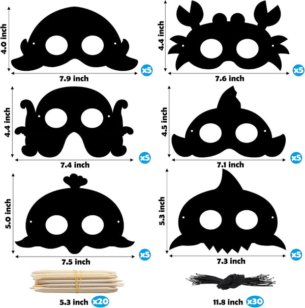WATINC 30Pcs Ocean Animals Scratch Masks for Kids, 6 Styles Summer Paper Scratch off Art Magic Craft Party Favors Kit, DIY under the Sea Project