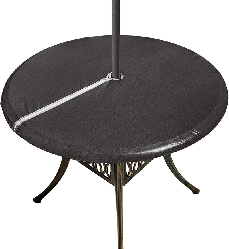 Round Fitted Vinyl Table Cloth Outdoor Tablecloth with Zipper and Umbrella Hole 100% Waterproof Wipe Clean PVC Table Cover for Party, Picnic and