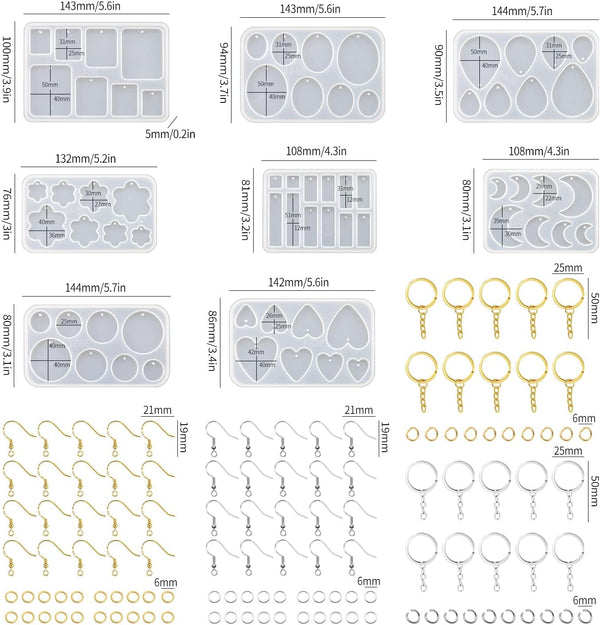 Resin Jewelry Molds, 128 Pcs Multiple UV Resin Earring Mold with Holes, Basic Epoxy Keychain Kits Bundle Complete Set, Necklace Pendant Moldes