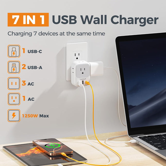 USB Wall Charger, Wall Plug Adapter Outlet Extender, TESSAN 3 Charger Block (1 USB C Port), Multi Charging Station for C